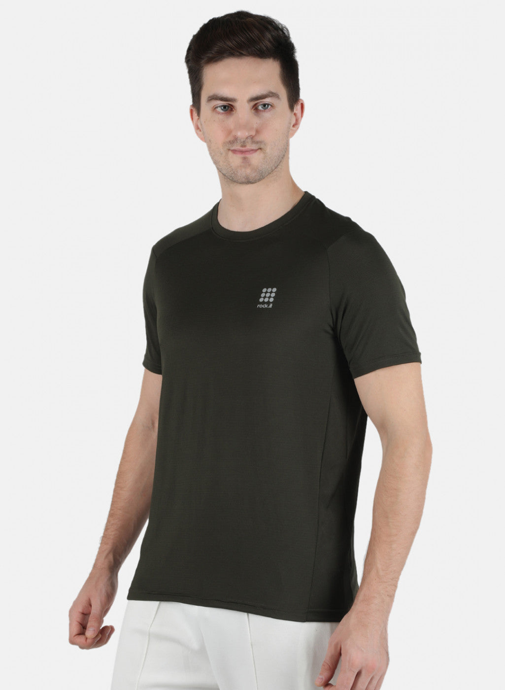 Rock.it Men Olive Self Design Round Neck T-Shirt