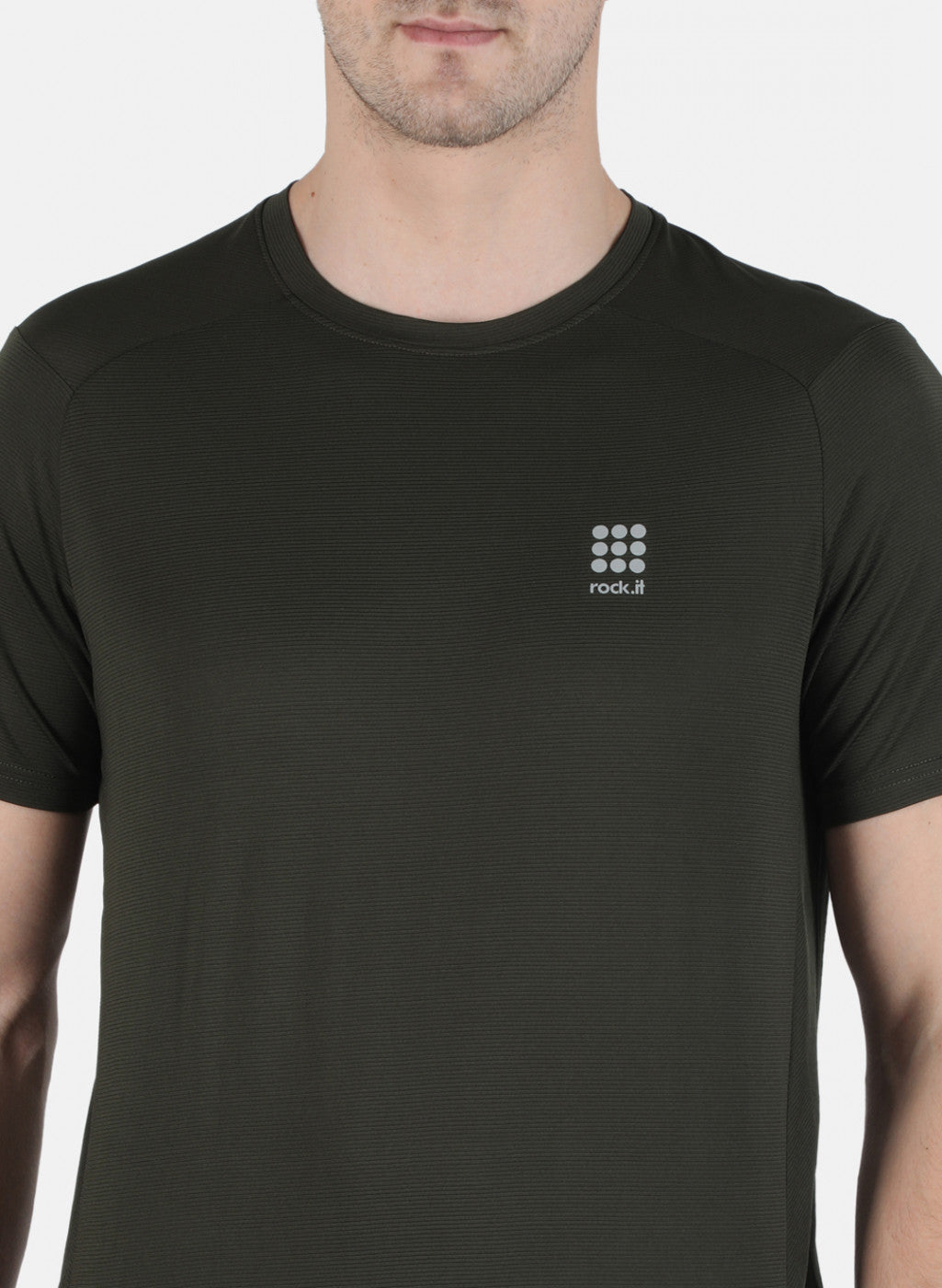 Rock.it Men Olive Self Design Round Neck T-Shirt