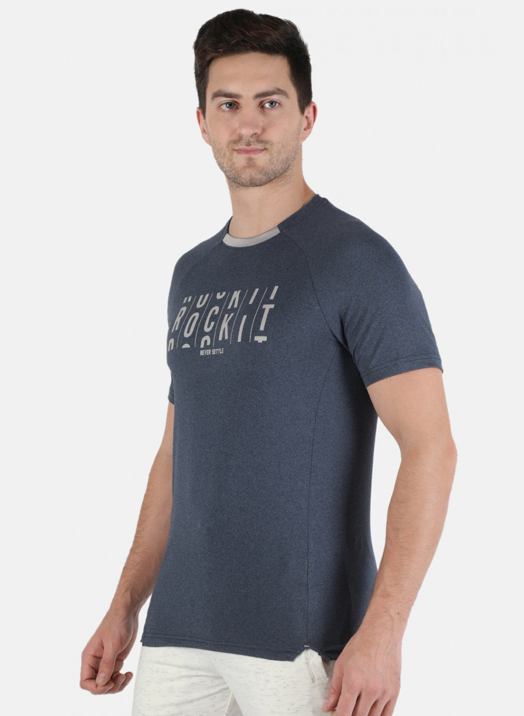 Rock.it Men Navy Blue Self Design Round Neck T-Shirt