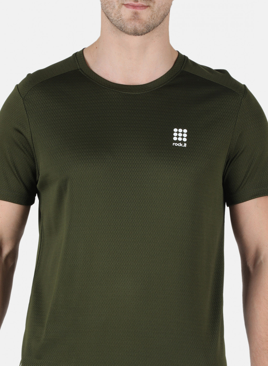 Rock.it Men Olive Self Design Round Neck T-Shirt