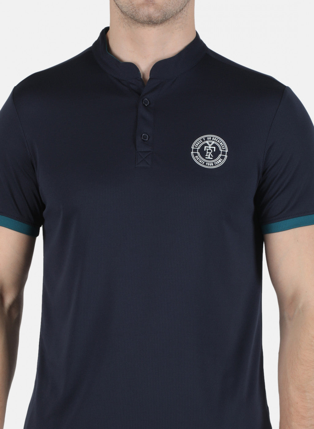 Rock.it Men Navy Blue Self Design Collar T-Shirt