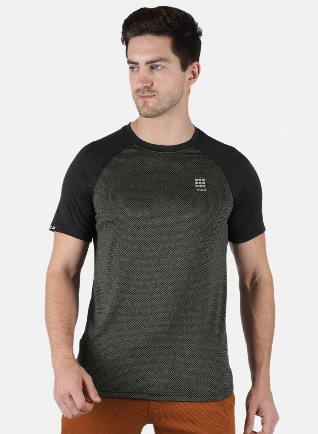 Rock.it Men Olive Self Design Round Neck T-Shirt