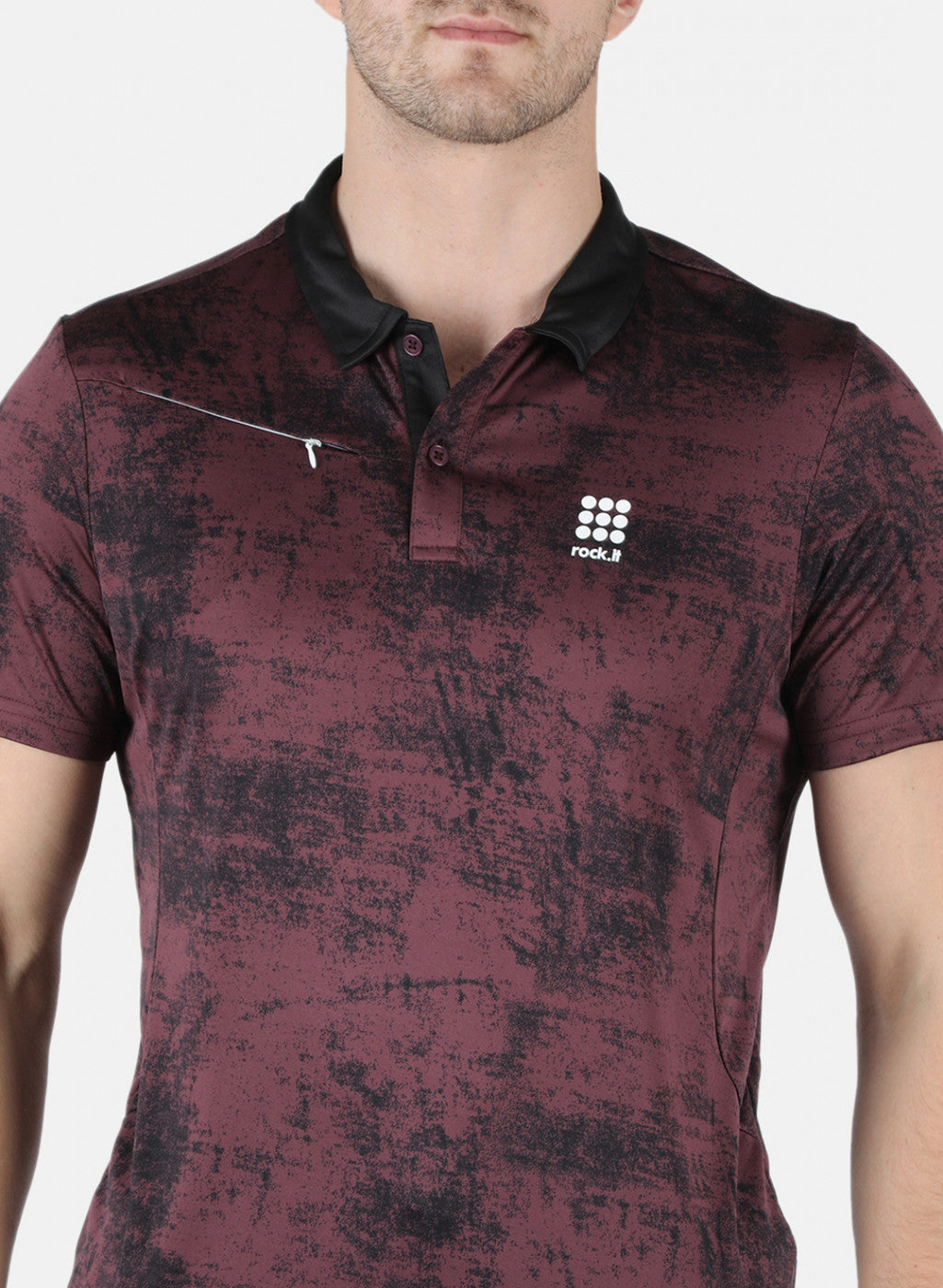 Rock.it Men Maroon Self Design Collar T-Shirt