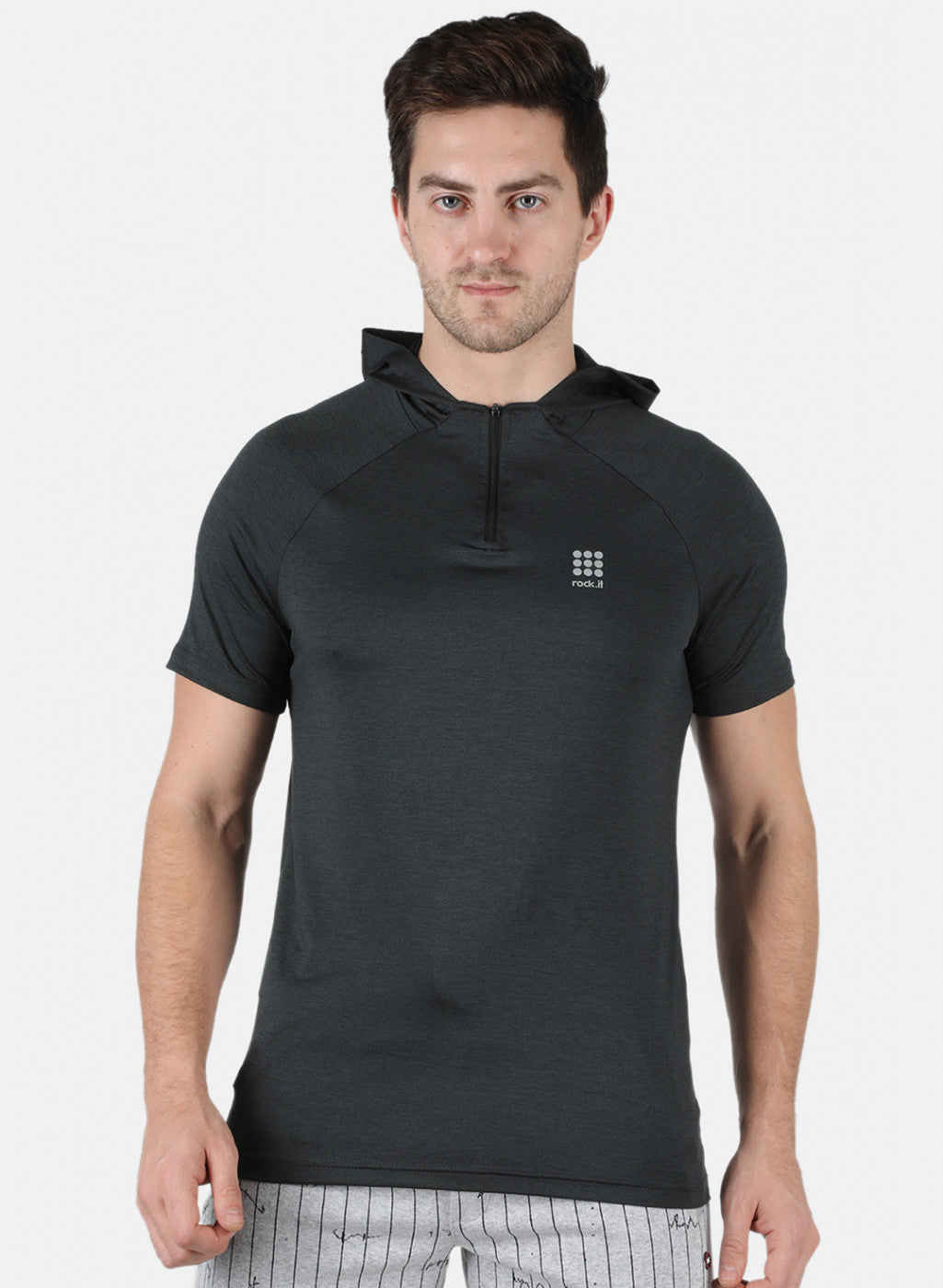 Rock.it Men Olive Self Design Hooded T-Shirt