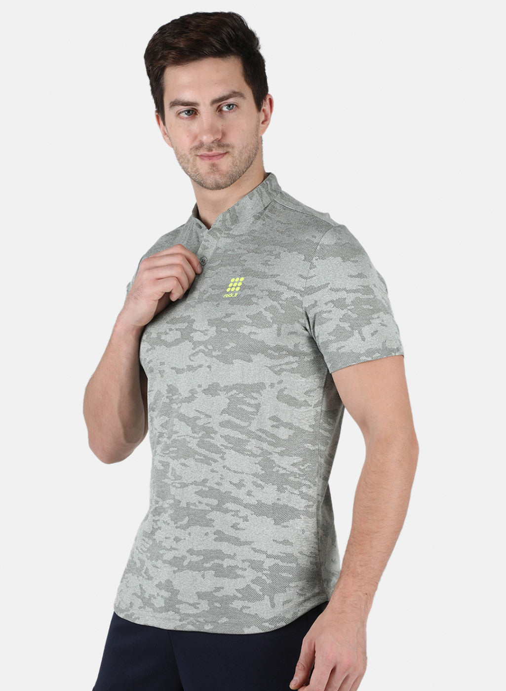 Rock.it Men Grey Self Design Collar T-Shirt
