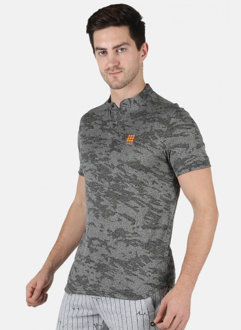 Rock.it Men Grey Self Design Collar T-Shirt