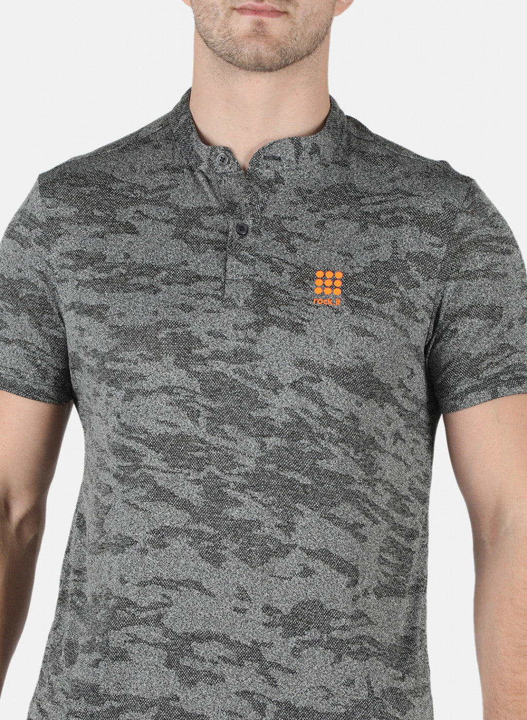 Rock.it Men Grey Self Design Collar T-Shirt