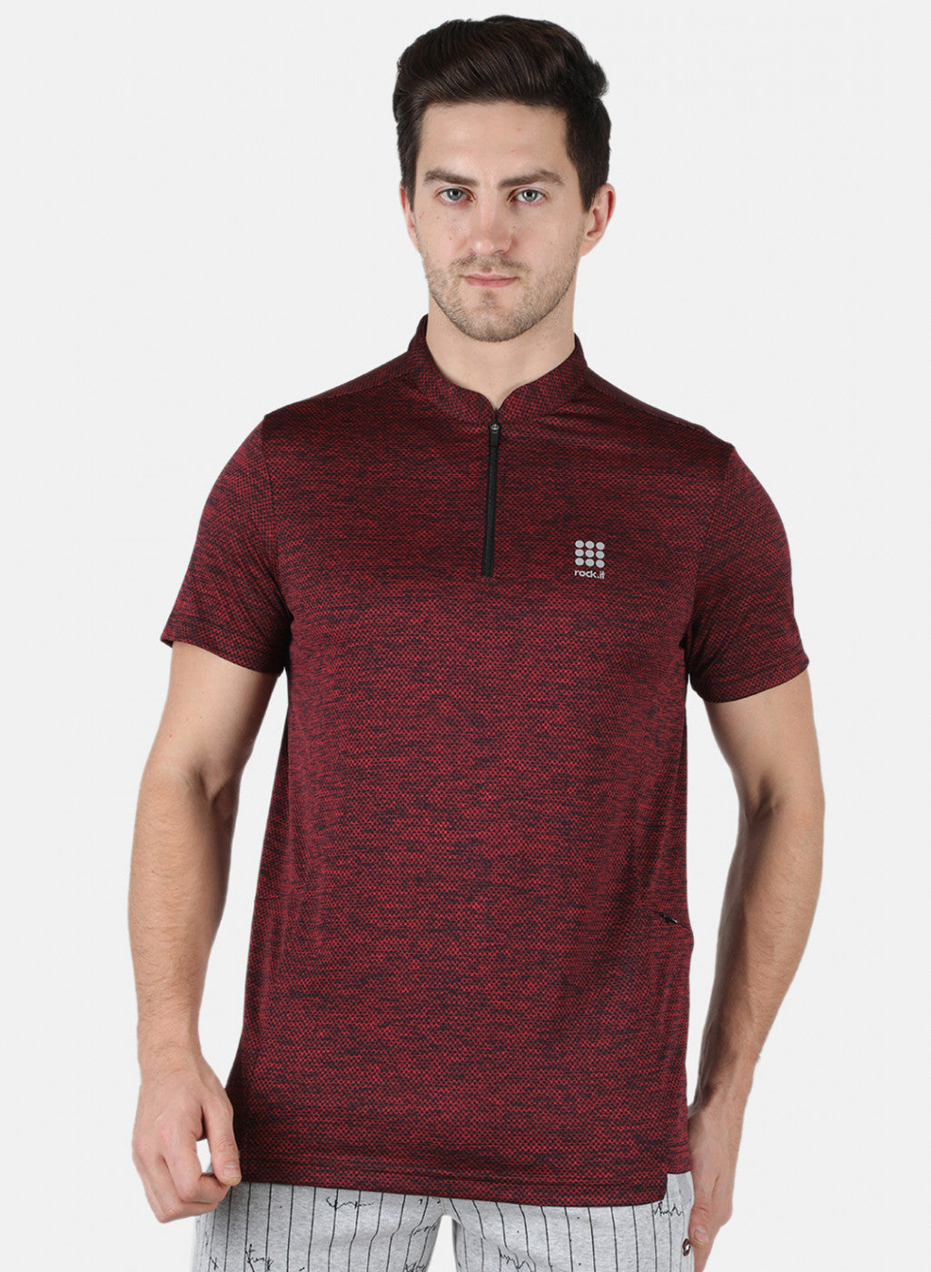 Rock.it Men Maroon Self Design Collar T-Shirt