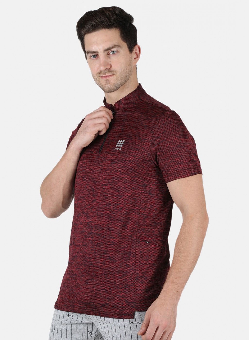 Rock.it Men Maroon Self Design Collar T-Shirt