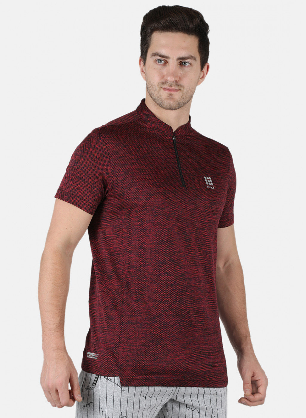 Rock.it Men Maroon Self Design Collar T-Shirt