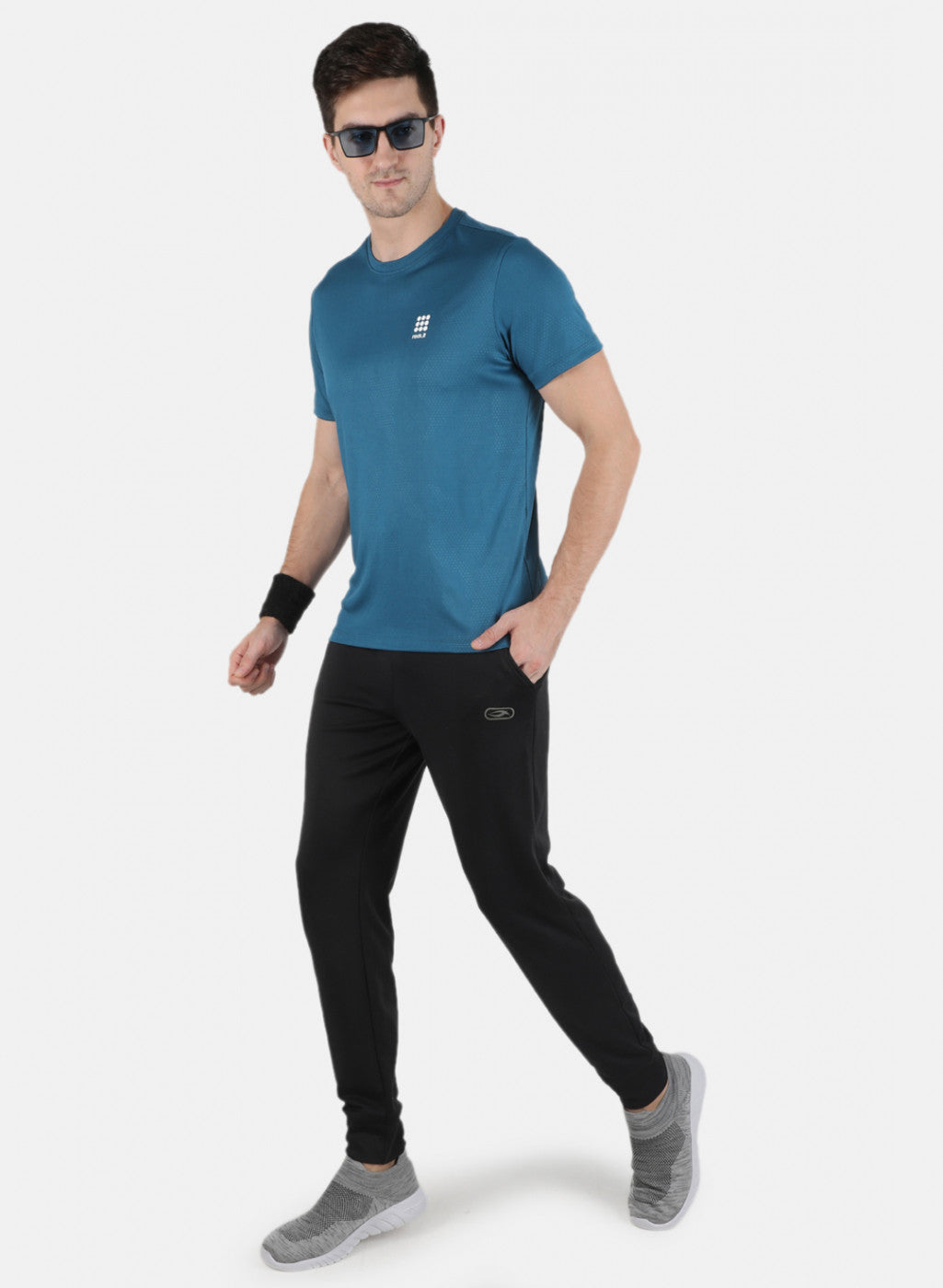 Men Blue Self Design Round Neck T-Shirt