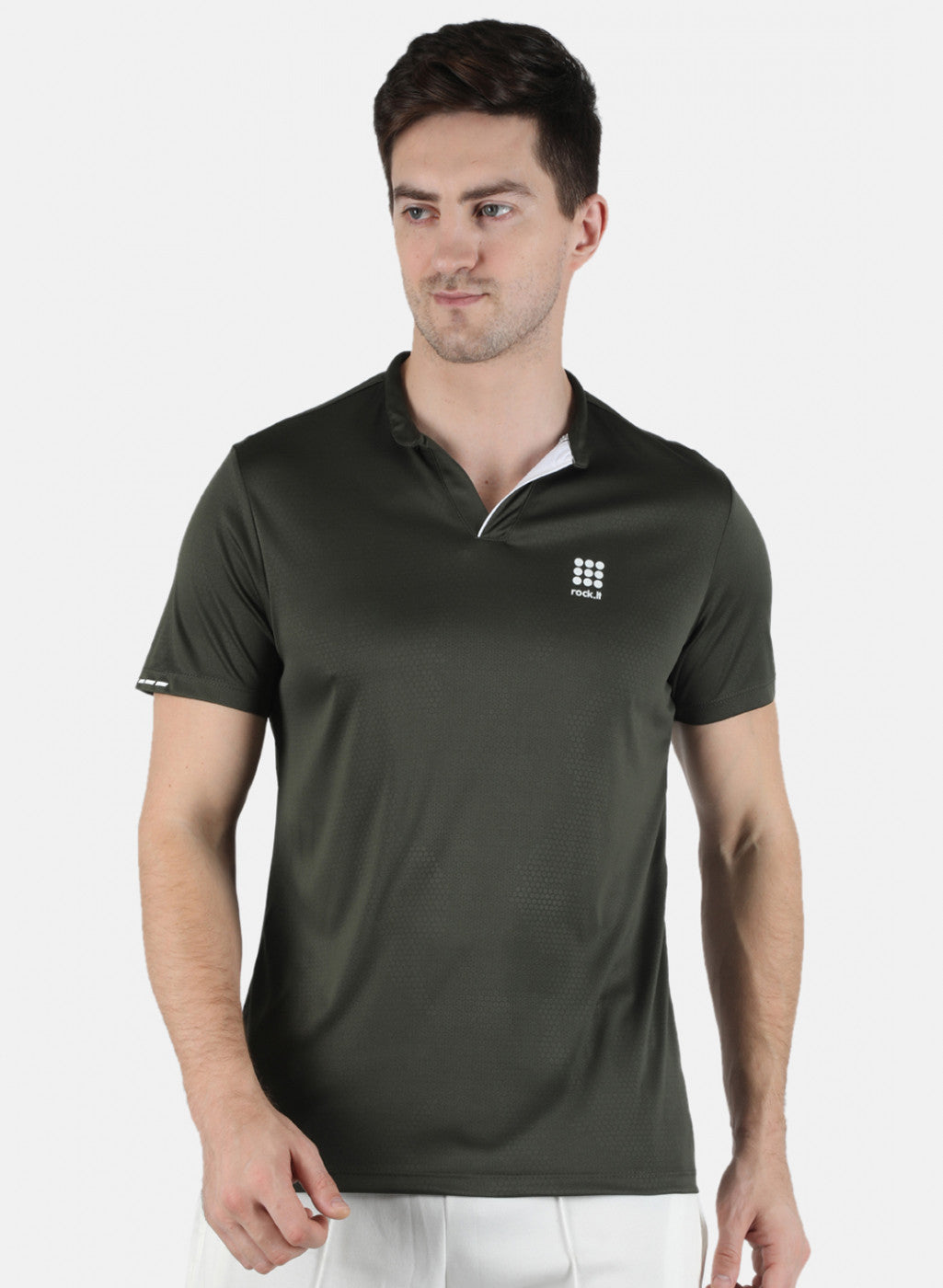 Rock.it Men Olive Self Design Collar T-Shirt
