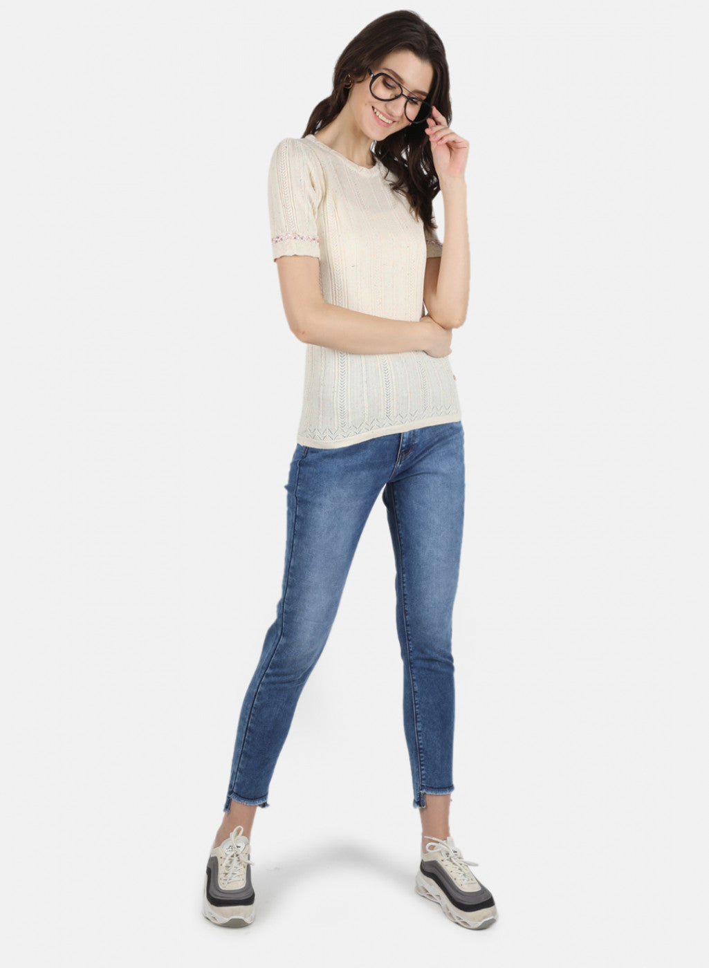 Women Beige Self Design Top