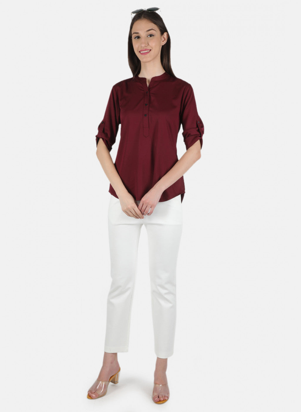 Women Maroon Plain Top