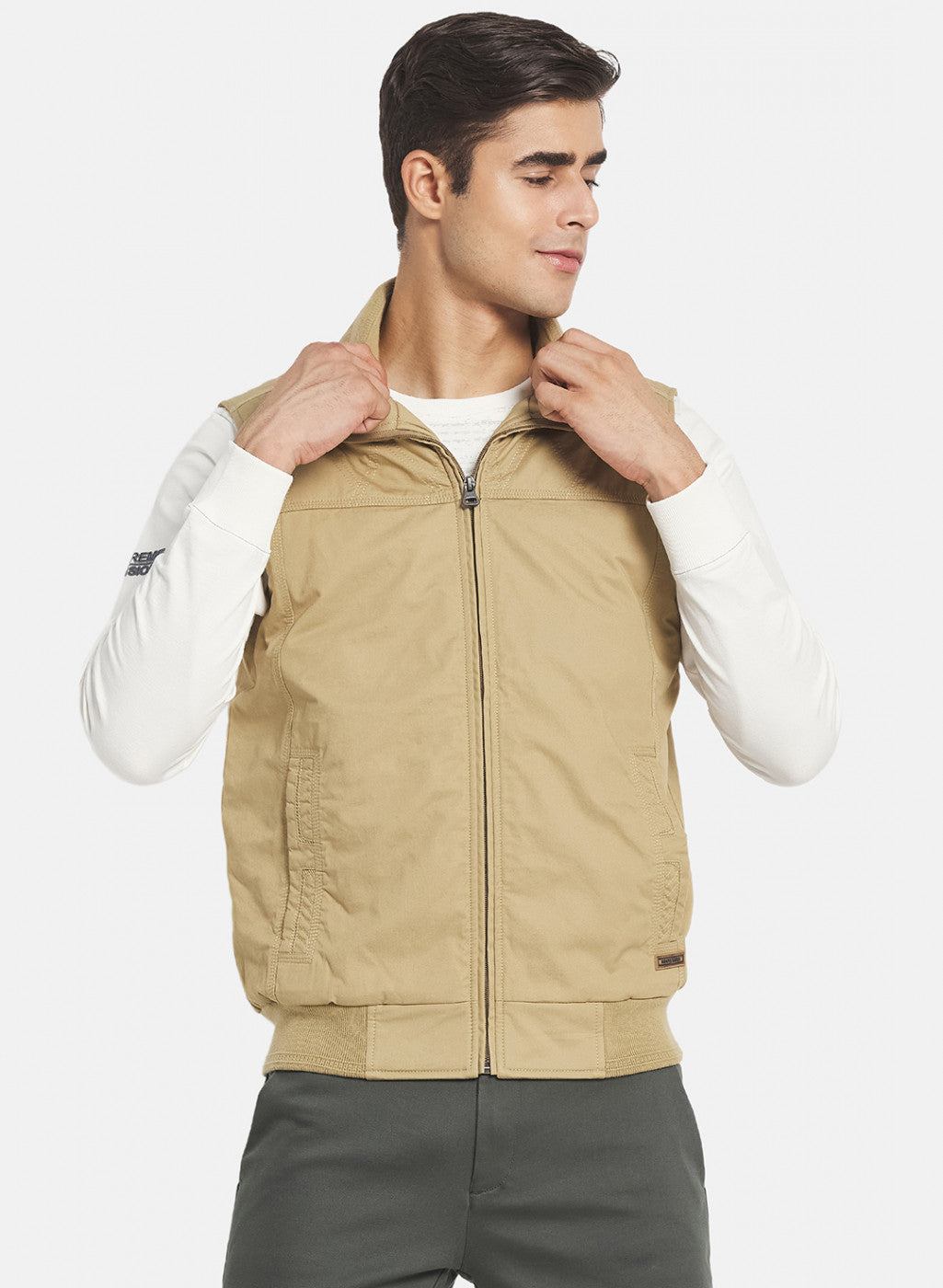Men Khaki Solid Jacket
