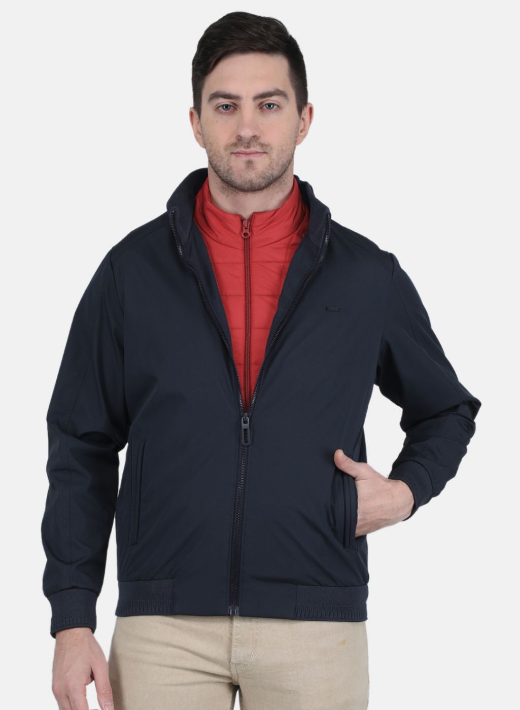 Men Navy Blue & Red Reversible Jacket (2 Pcs)