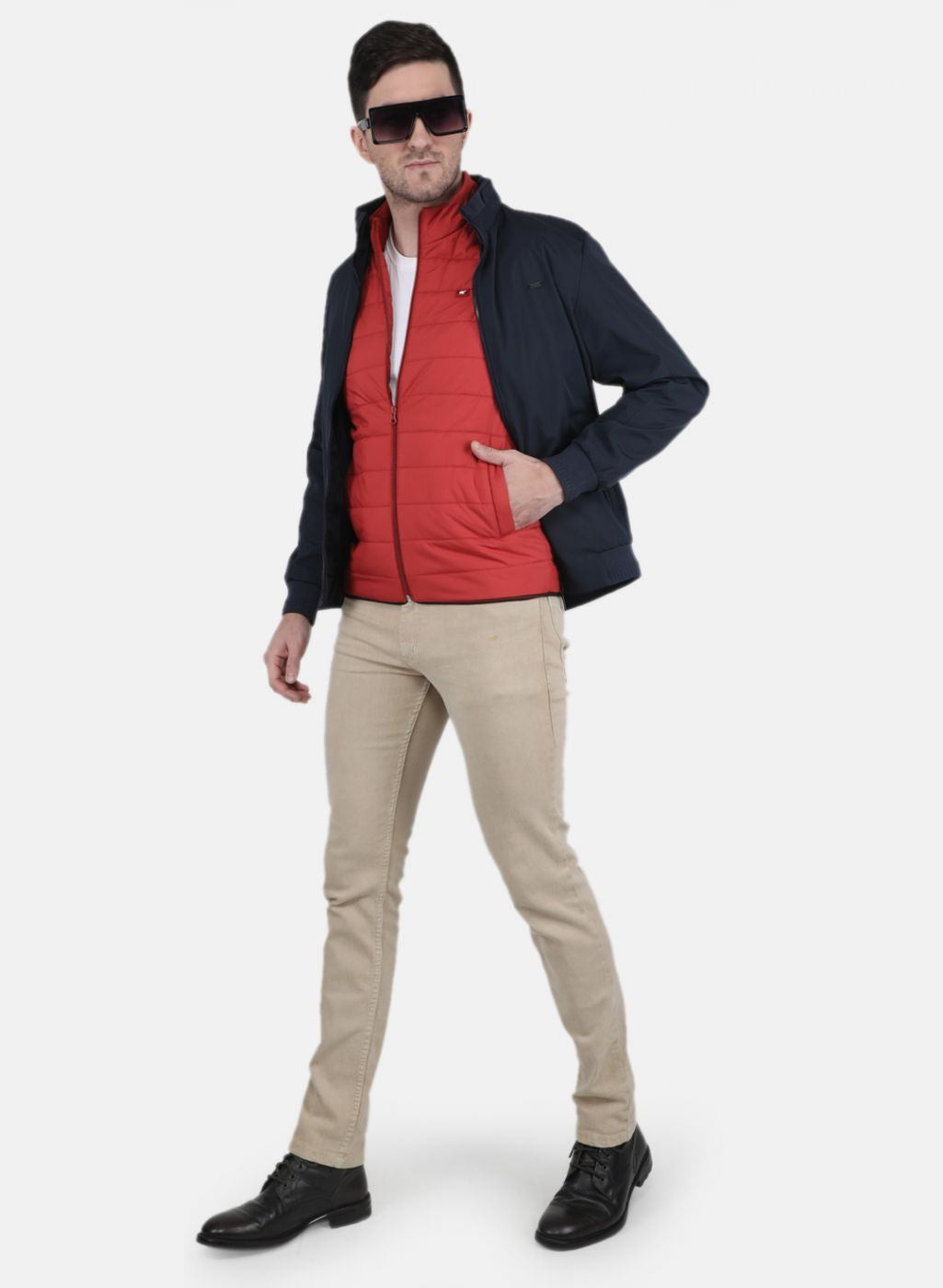 Men Navy Blue & Red Reversible Jacket (2 Pcs)
