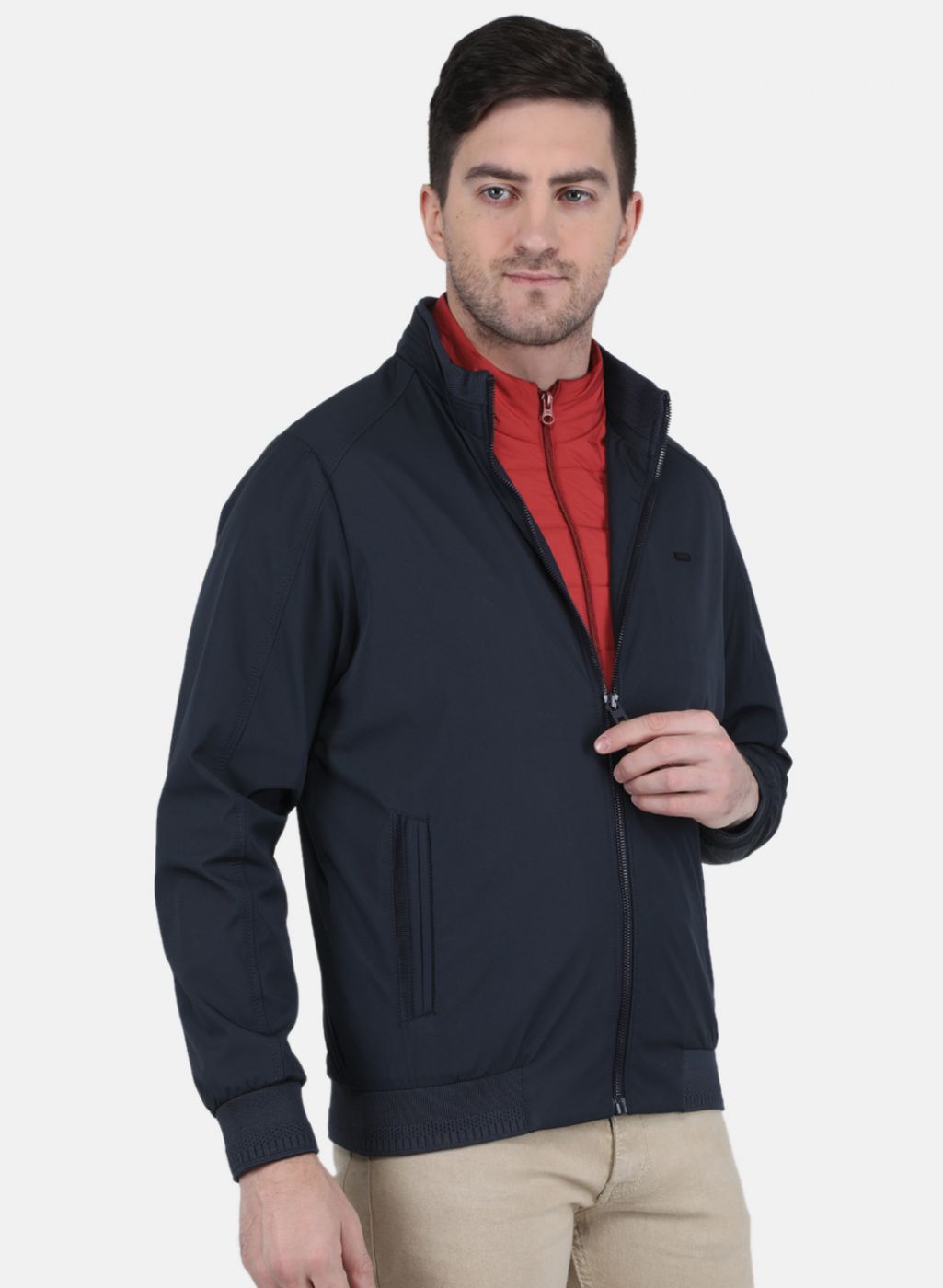 Men Navy Blue & Red Reversible Jacket (2 Pcs)