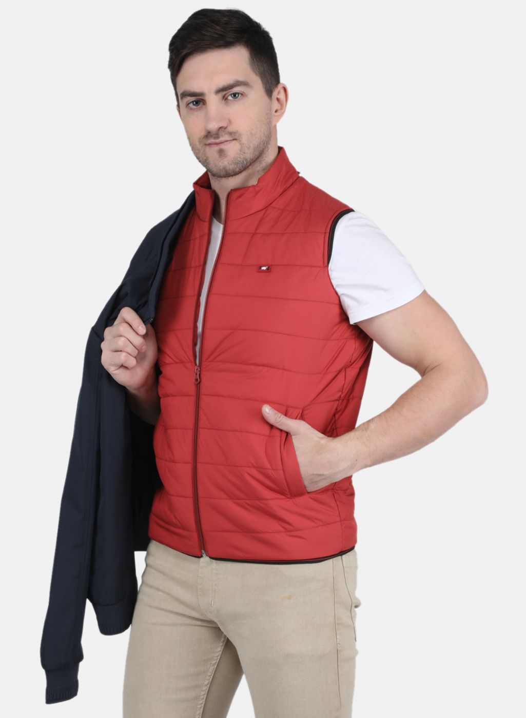 Men Navy Blue & Red Reversible Jacket (2 Pcs)