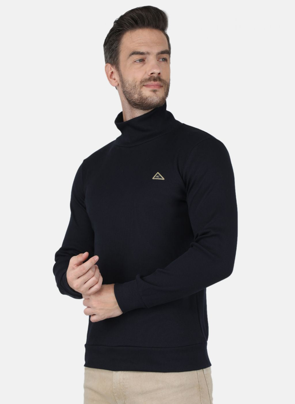 Men Navy Blue Solid Round Neck Full Sleeve Winter T-Shirt