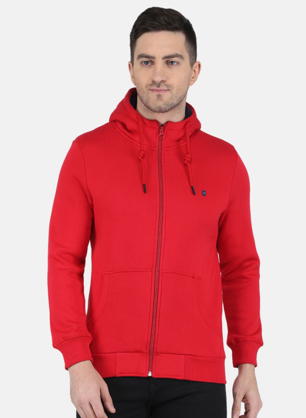 Men Red Solid Hooded Full Sleeve Sweatshirt
