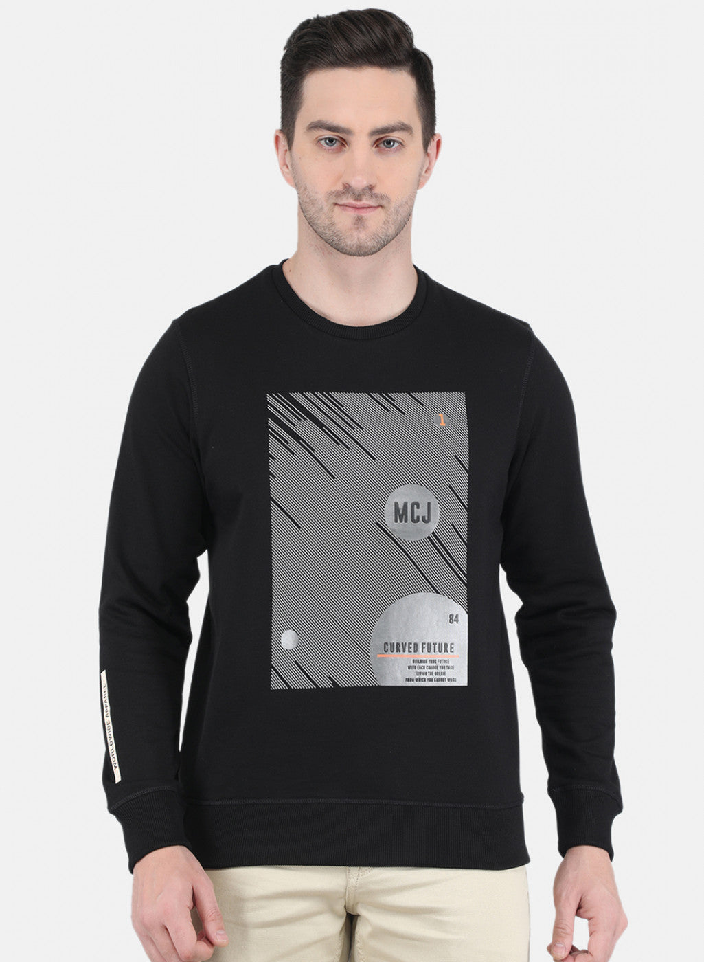 Men Black DiagoNAl Knit with Front Print Sweatshirt