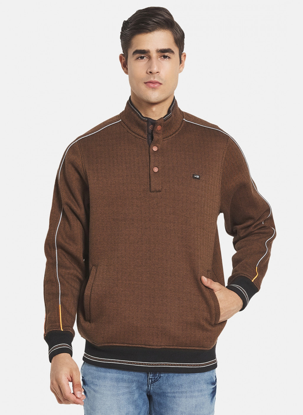 Men Brown Ultra Warm Sweatshirt with Glowing Piping