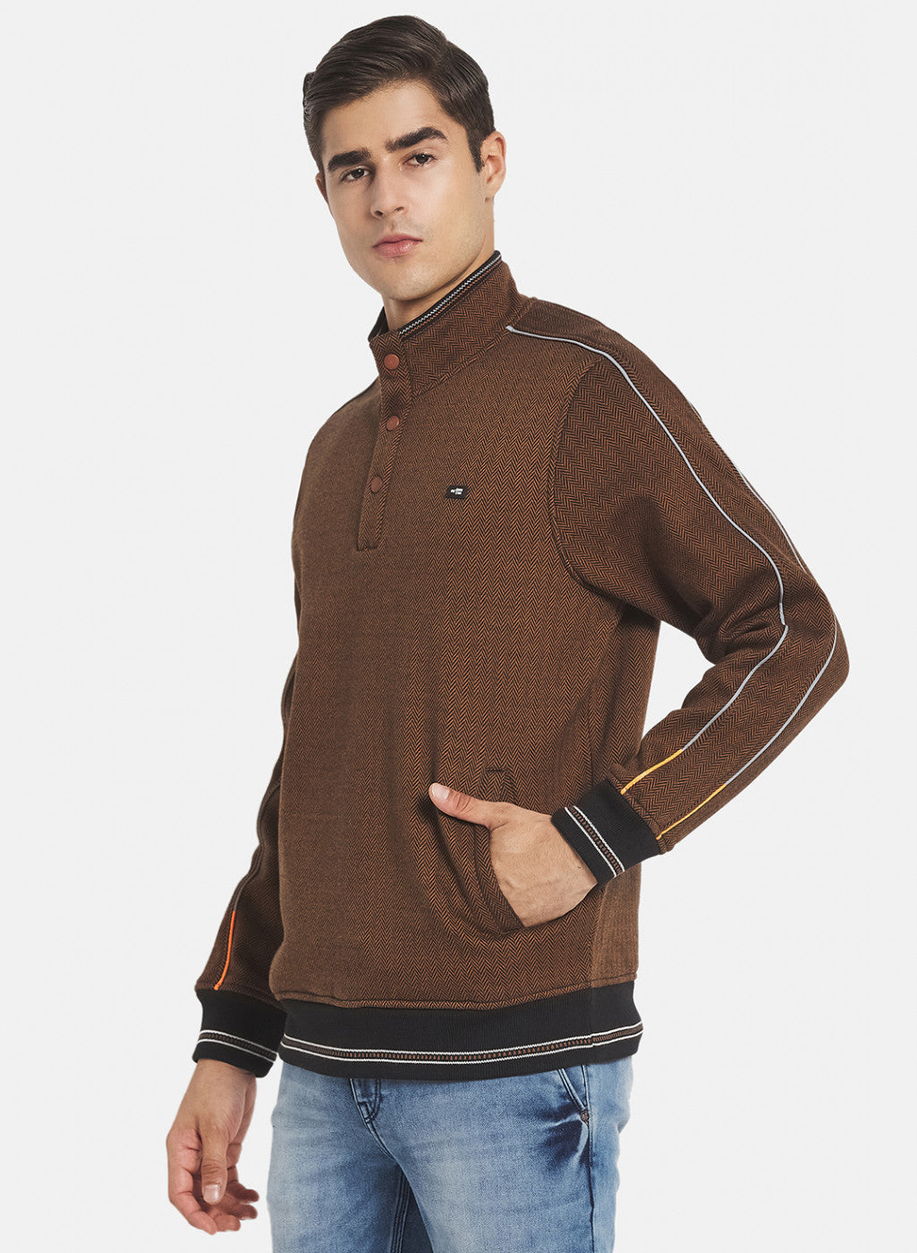 Men Brown Ultra Warm Sweatshirt with Glowing Piping