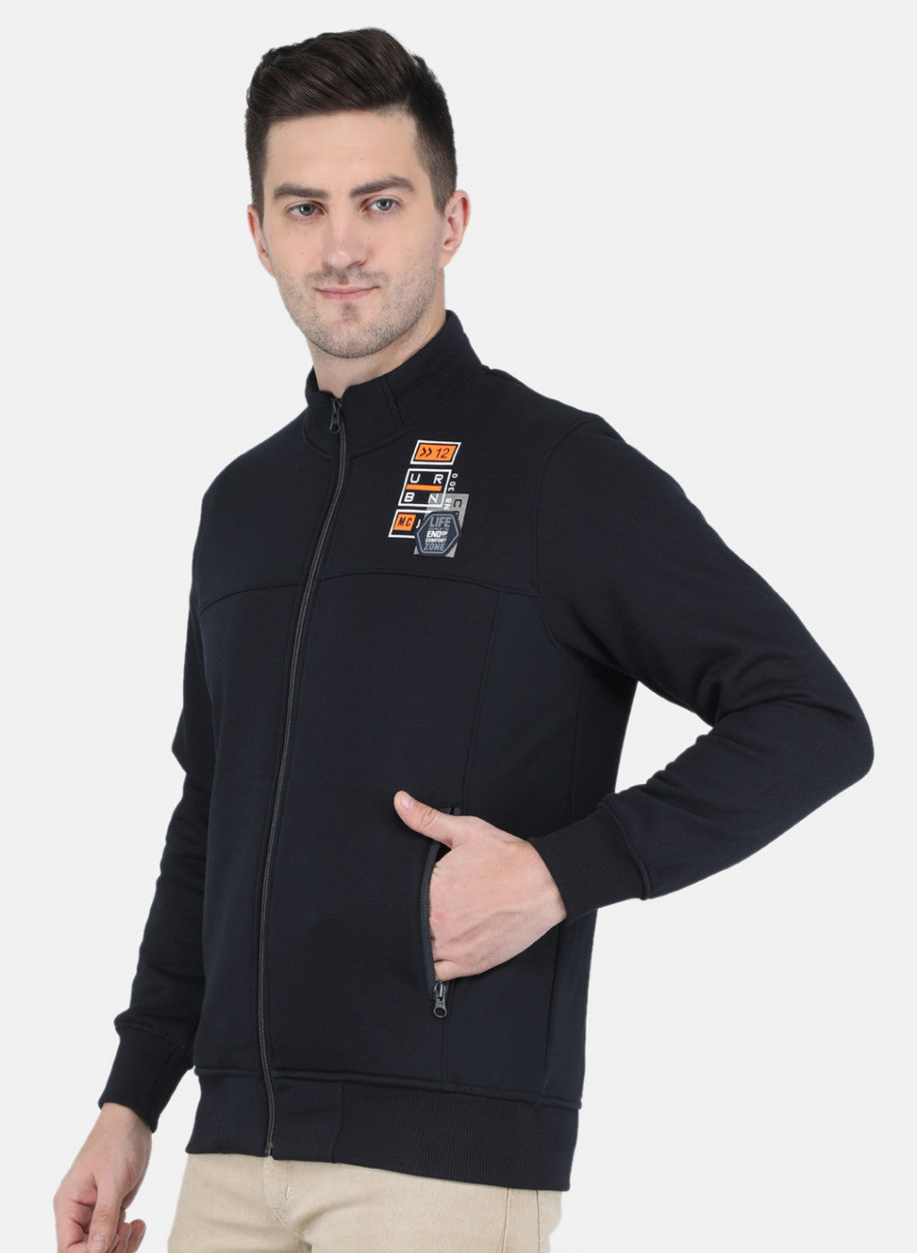 Men NAvy Blue Glowing in Dark Branding with Zipper Pocket Sweatshirt