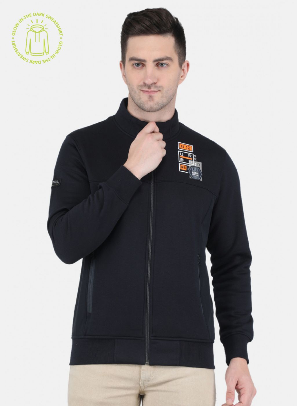 Men NAvy Blue Glowing in Dark Branding with Zipper Pocket Sweatshirt
