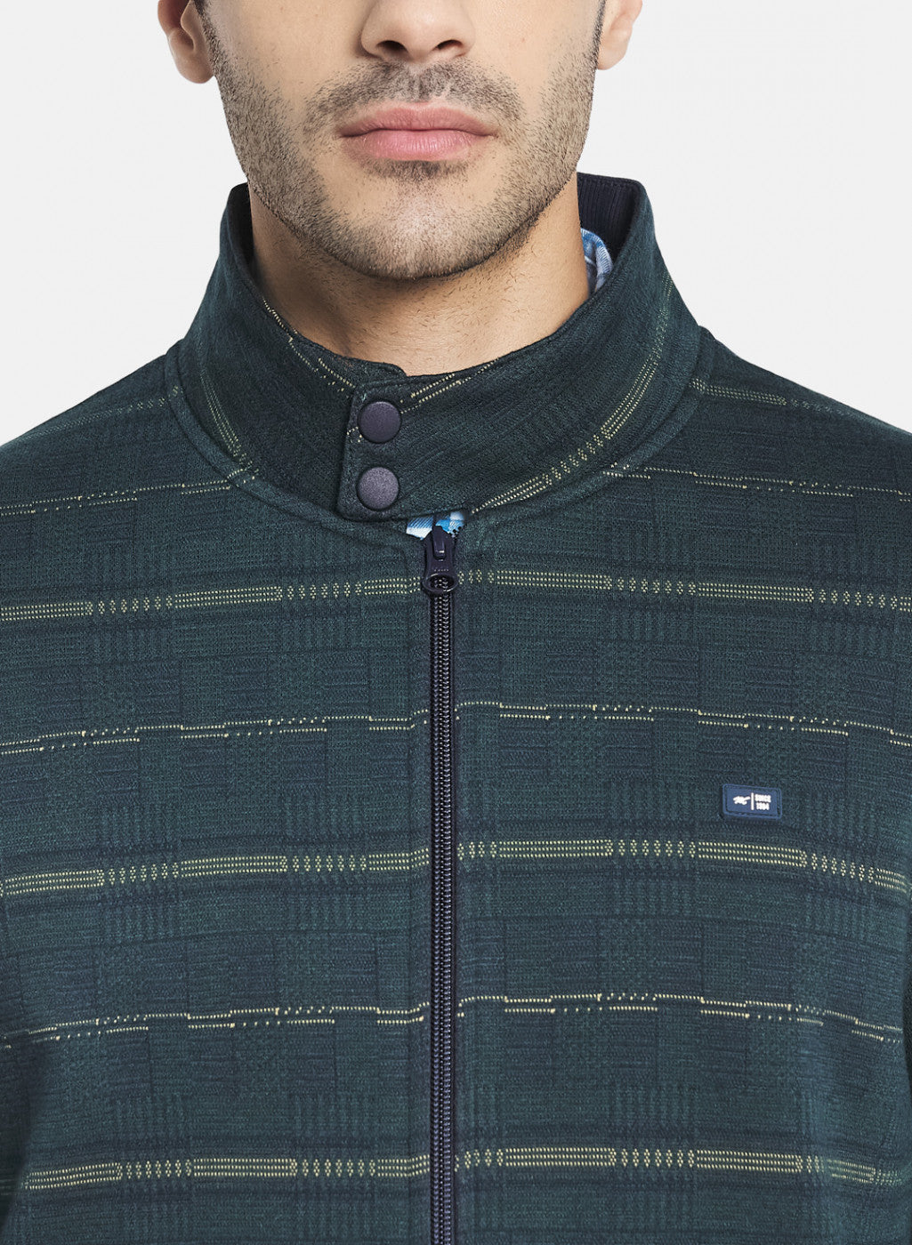 Men Green Jaquard Knit Sweatshirt with Zipper