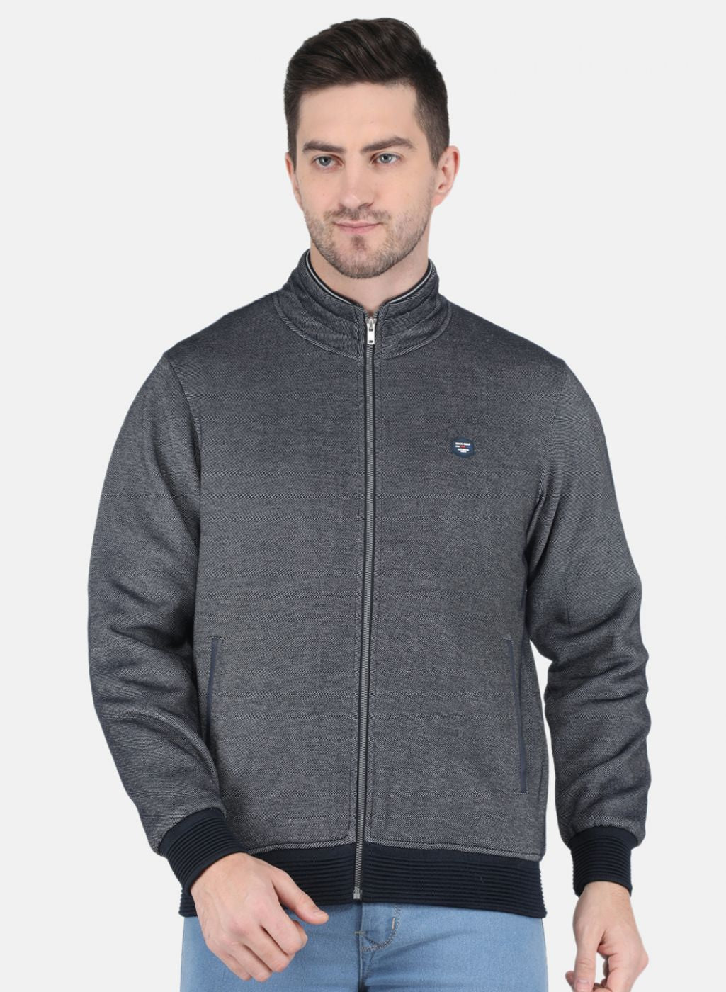 Men Blue Jaquard Full Sleeve Collar Jacket