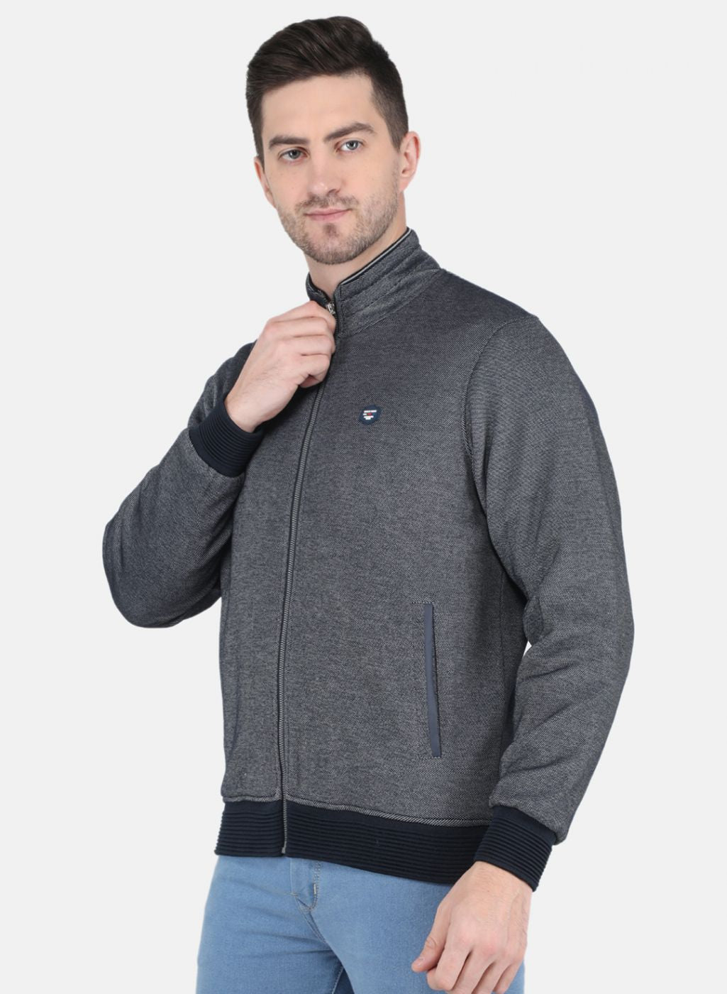 Men Blue Jaquard Full Sleeve Collar Jacket