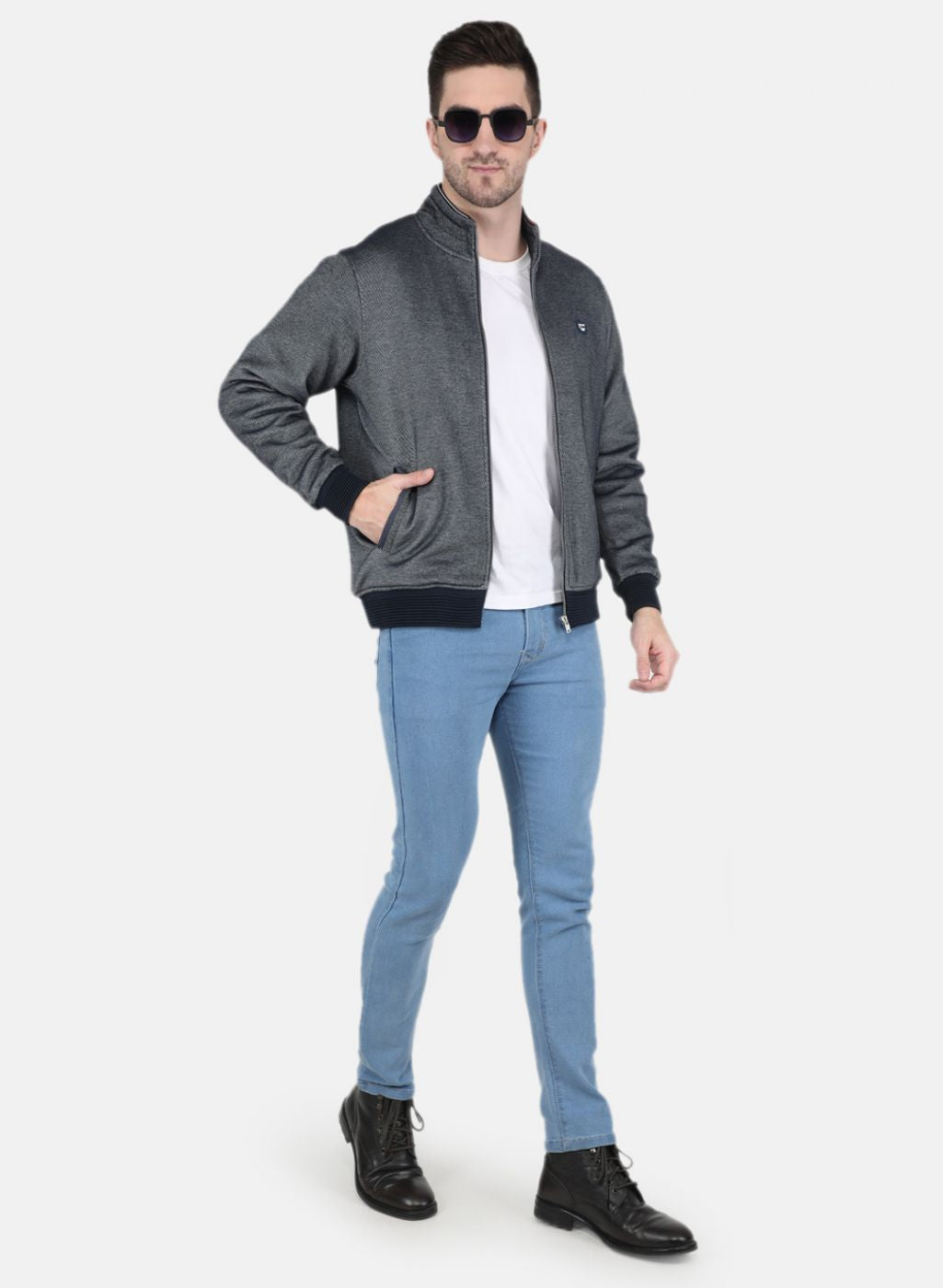 Men Blue Jaquard Full Sleeve Collar Jacket