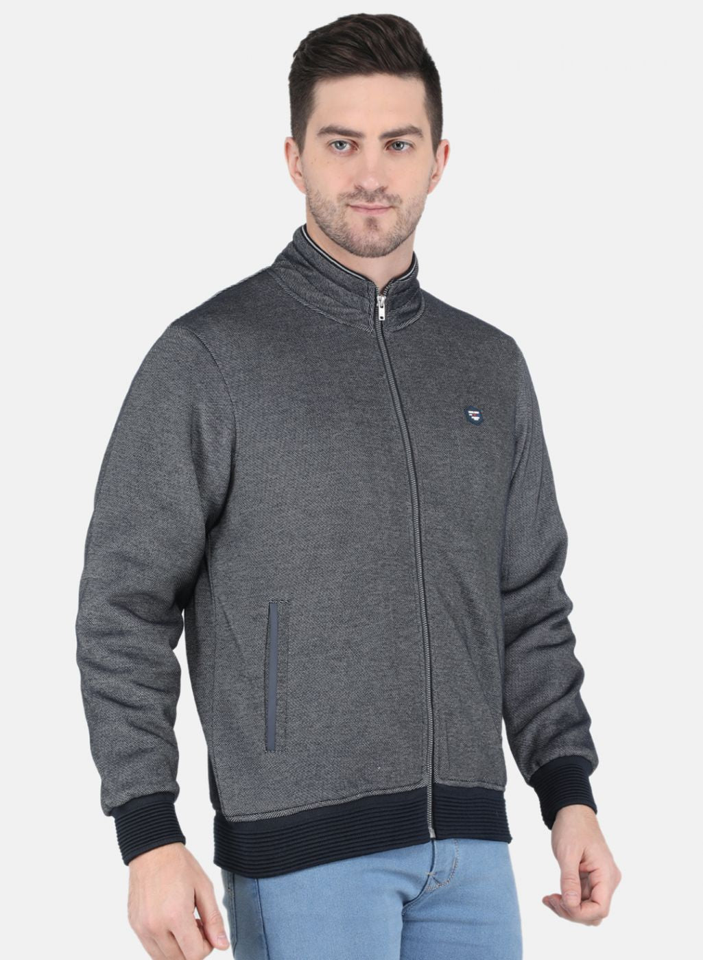 Men Blue Jaquard Full Sleeve Collar Jacket