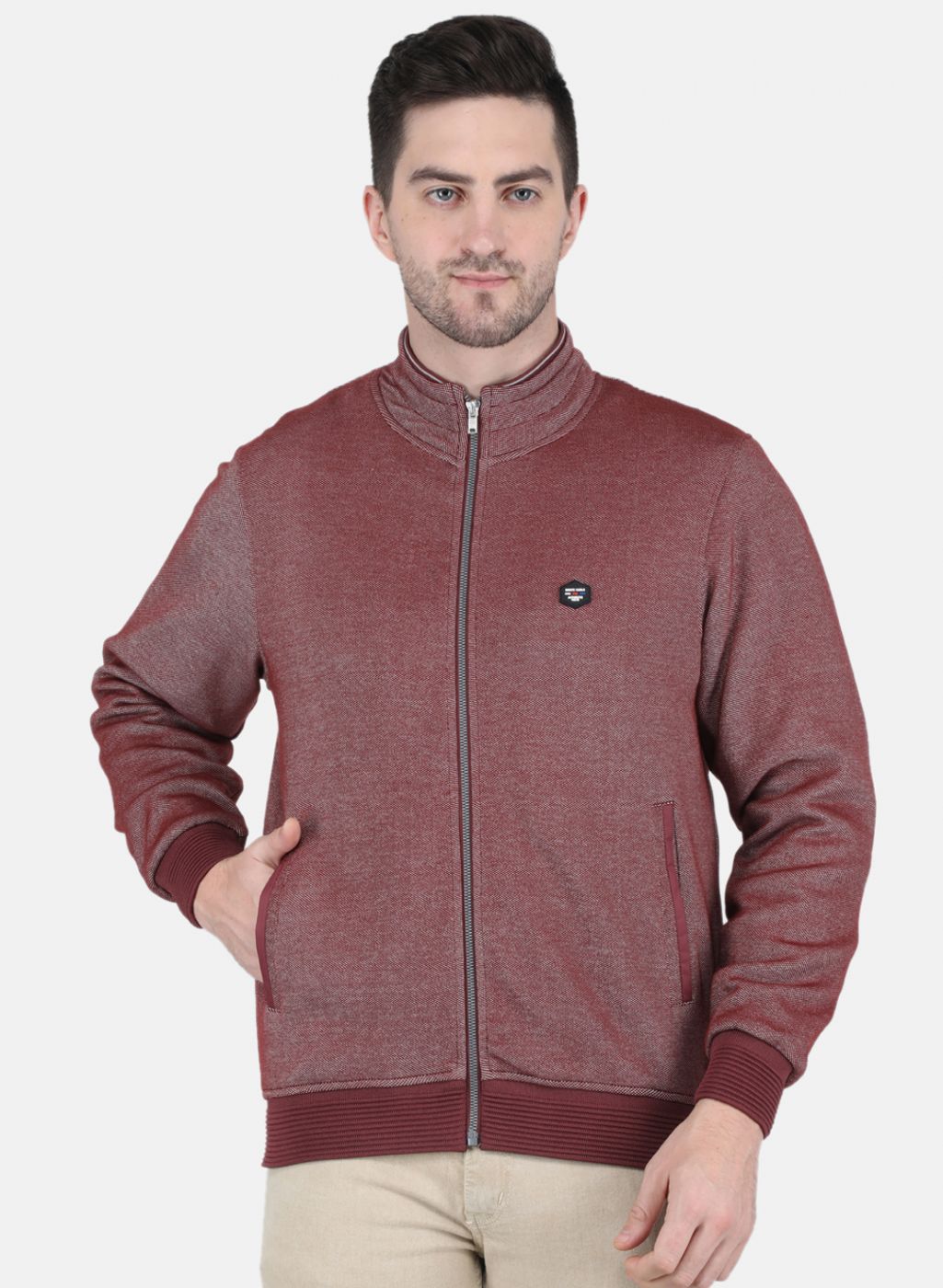 Men Maroon Jaquard Full Sleeve Collar Jacket