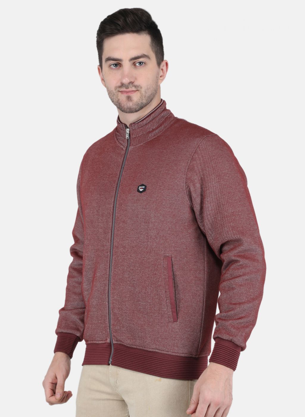 Men Maroon Jaquard Full Sleeve Collar Jacket