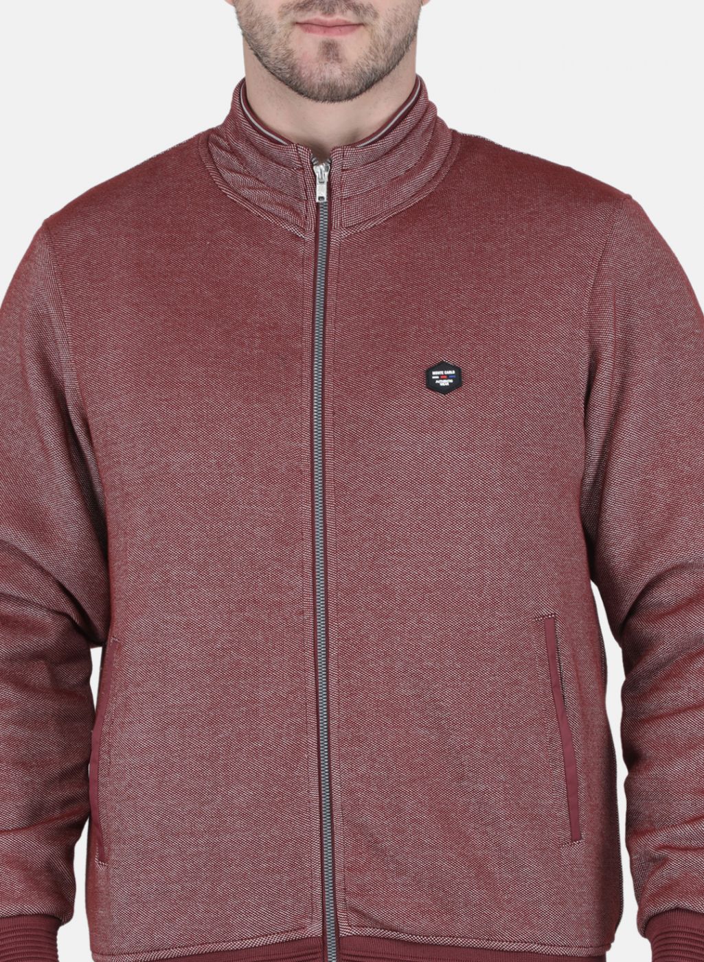 Men Maroon Jaquard Full Sleeve Collar Jacket