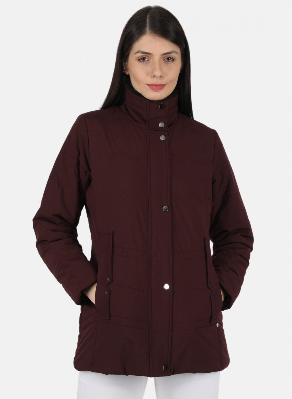 Women Maroon Solid Jacket - Main Image