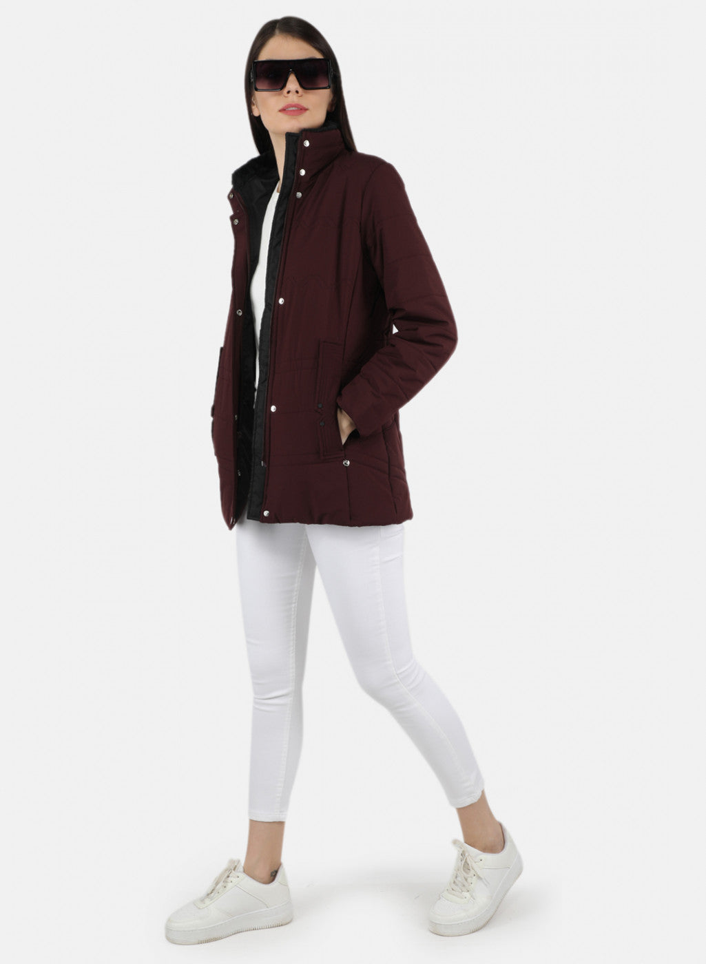 Women Maroon Solid Jacket