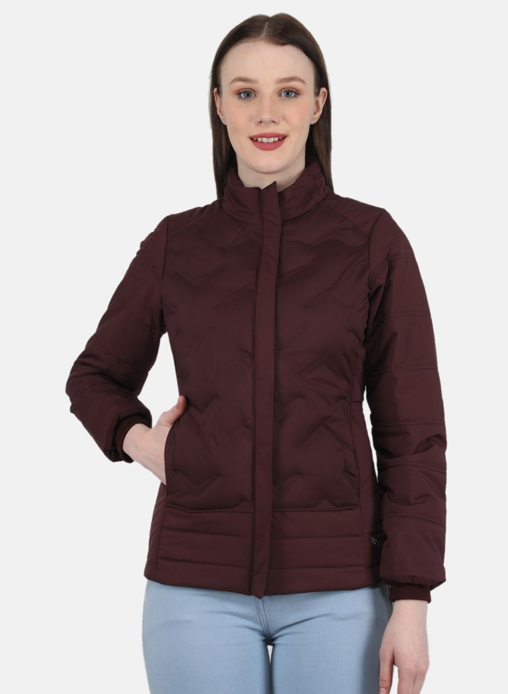 Women Maroon Solid Jacket - Main Image
