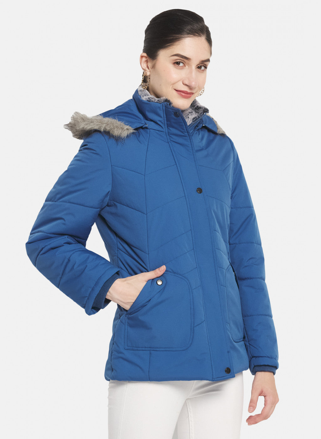 Women Blue Self Design Jacket
