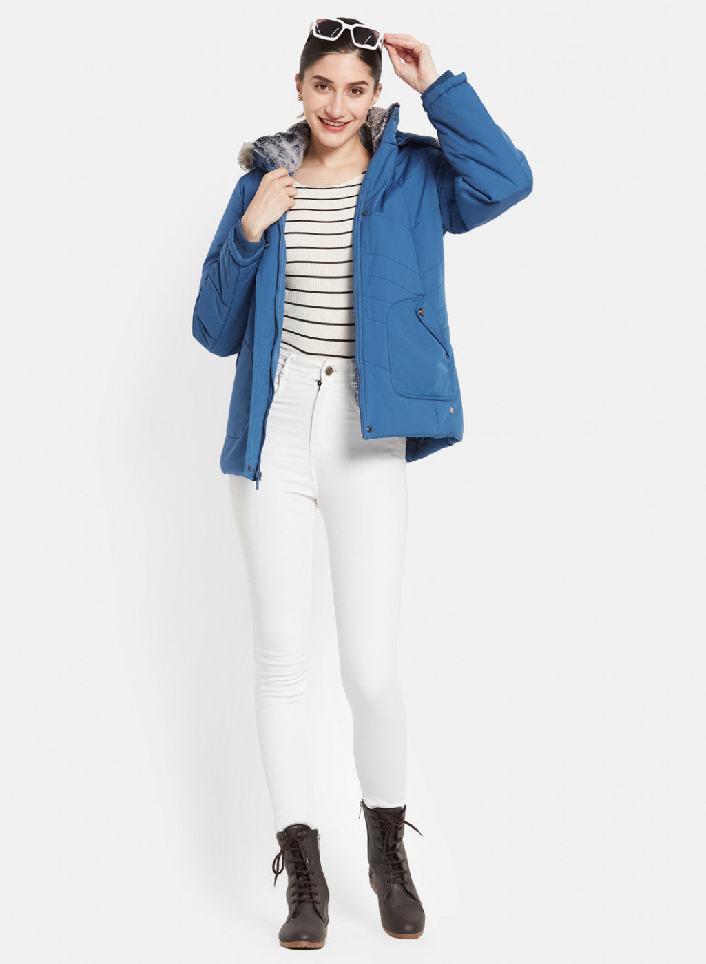 Women Blue Self Design Jacket