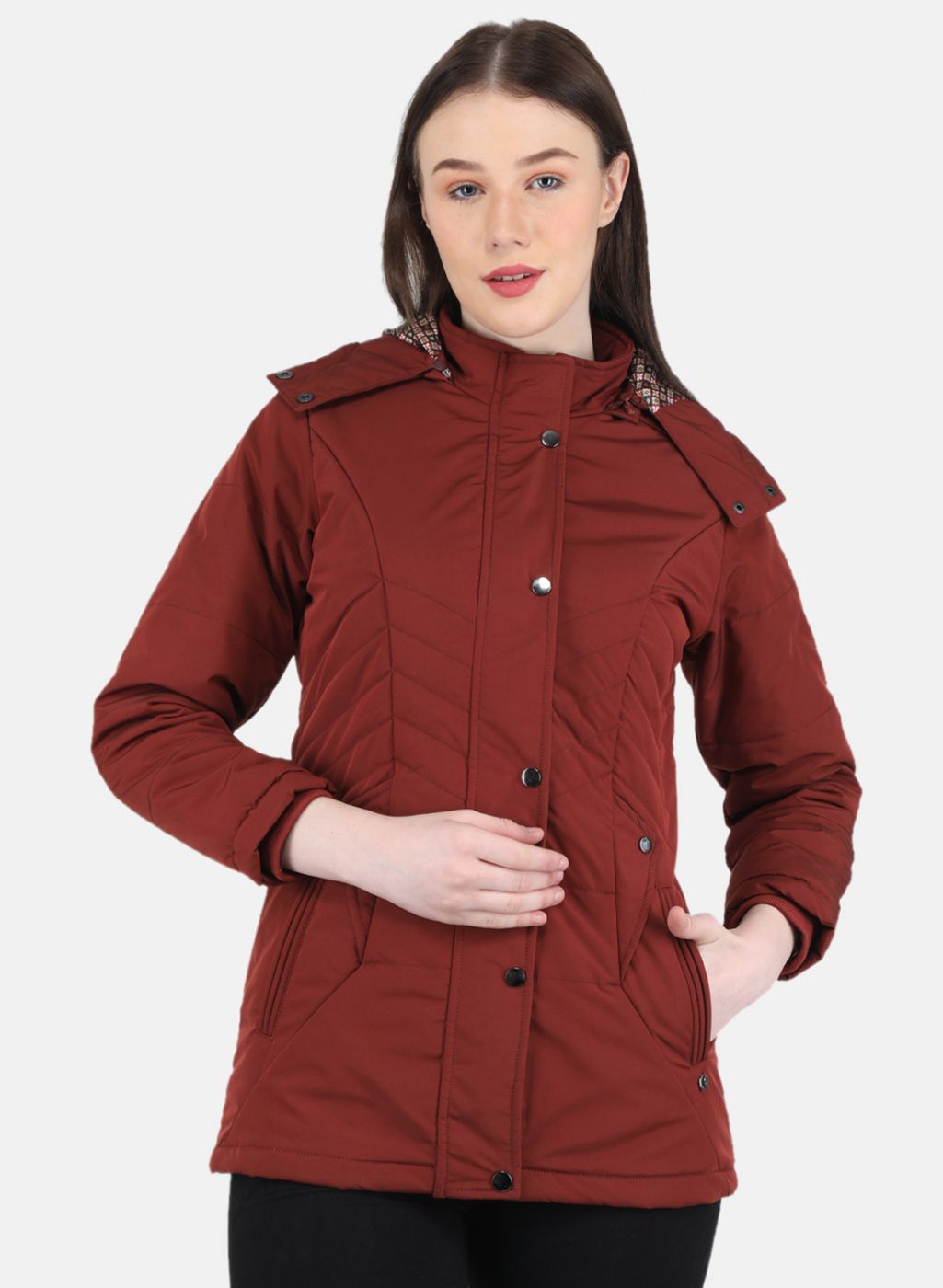 Women Orange Self Design Jacket - Main Image