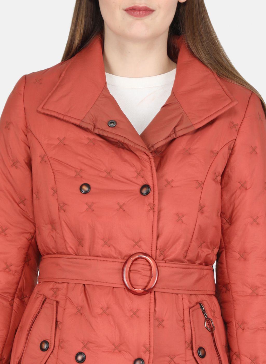 Women Rust Orange Solid Long Jacket