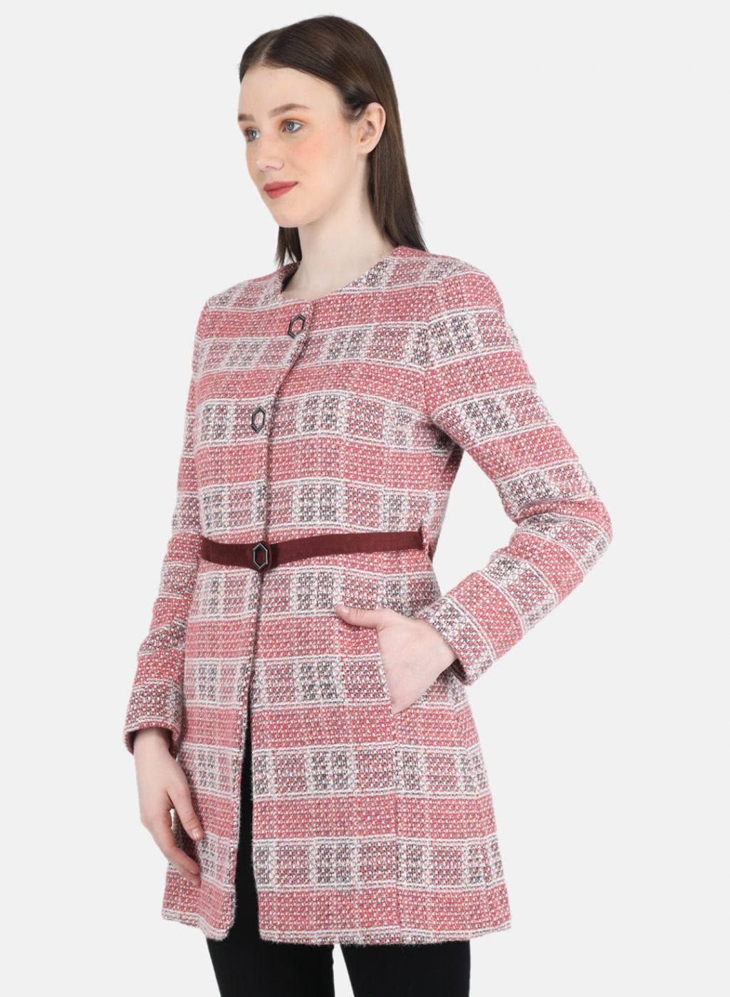 Women Pink Check Coat