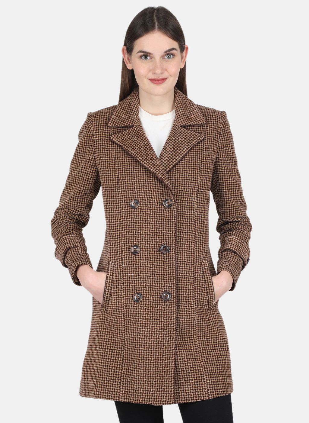 Women Brown Self design Coat