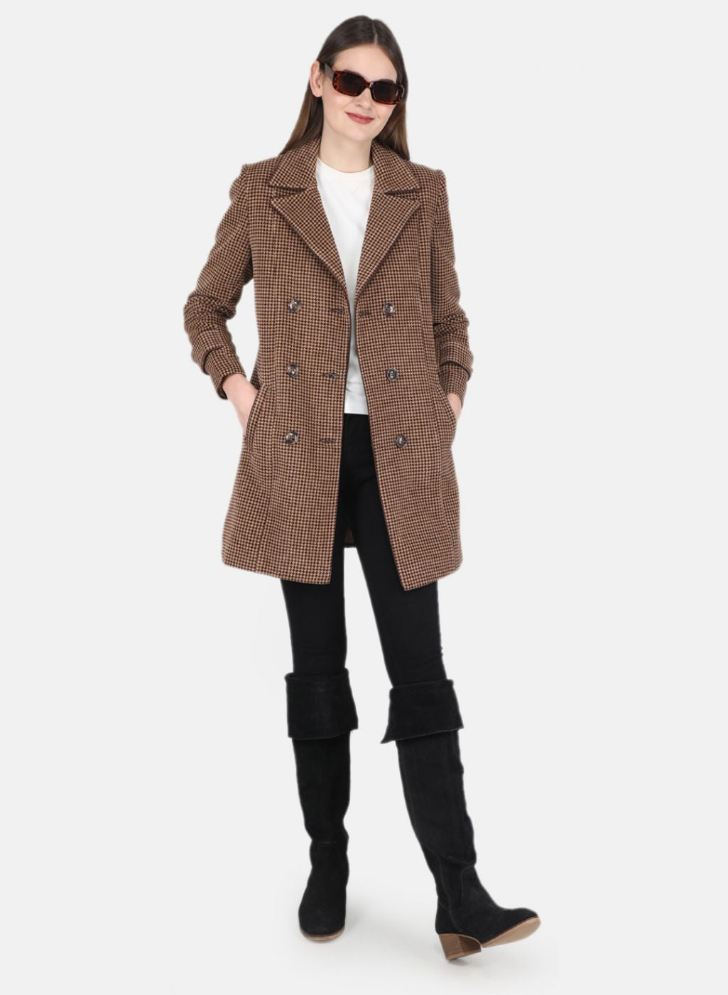 Women Brown Self design Coat