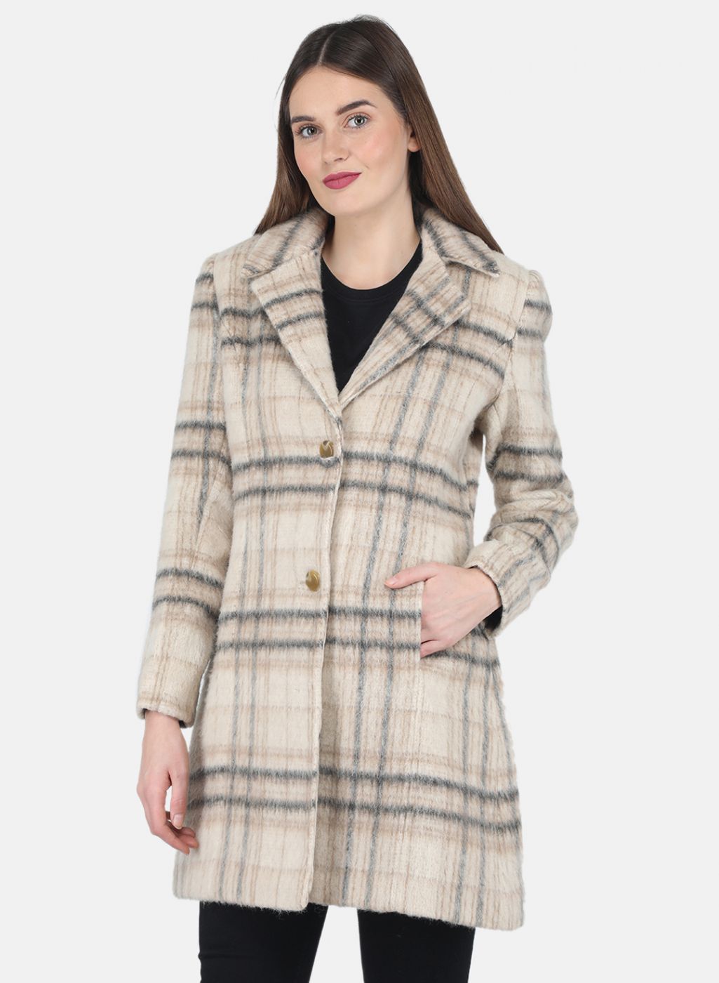 Women Beige Check Coat