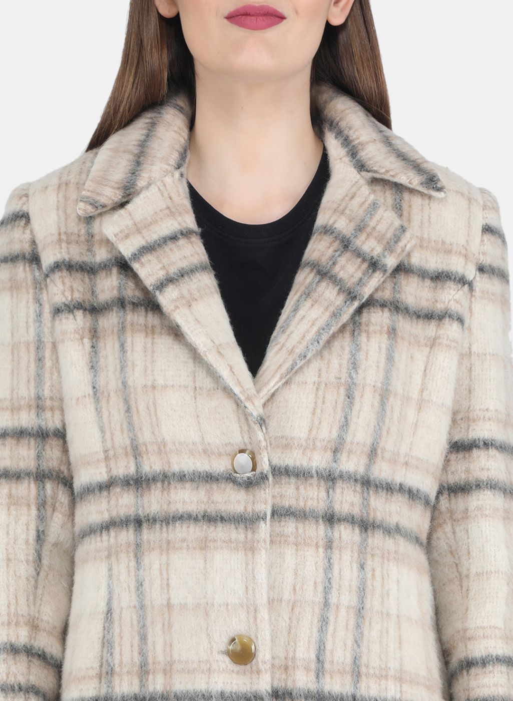 Women Beige Check Coat